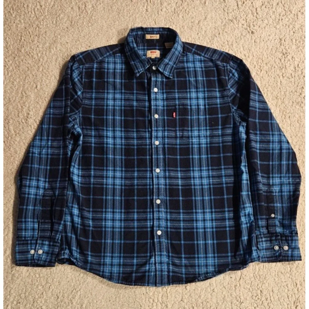 Levi's Men's Plaid Flannel Shirt Button Up Pockets Blue Black Size Large